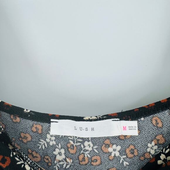 Lush Black Brown Floral Maxi Dress Flutter Sleeve V-Neck Size Medium - Picture 3 of 6